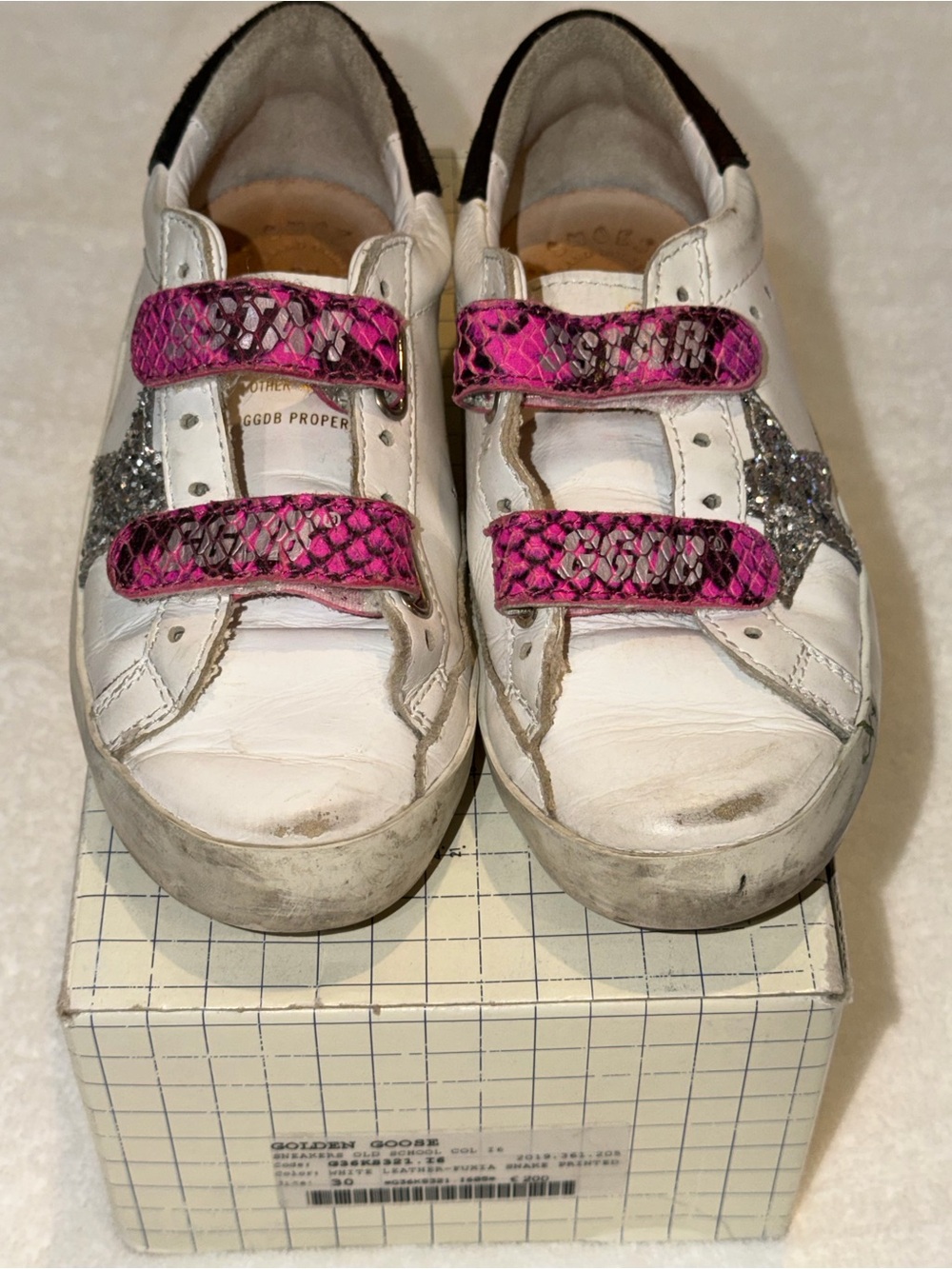 Golden Goose Kids White Sneakers with Pink Snake-Print Straps and Silver Star